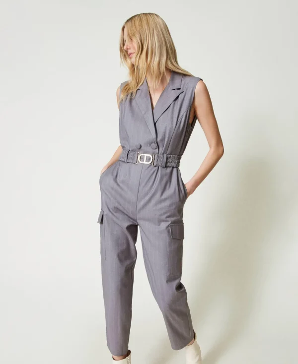 combinaison_raye_avec_cei_2.webp Combinaisons | Robes Longues*TWINSET Milano Combinaison Rayée Avec Ceinture Gris Chiné Rayure Neige