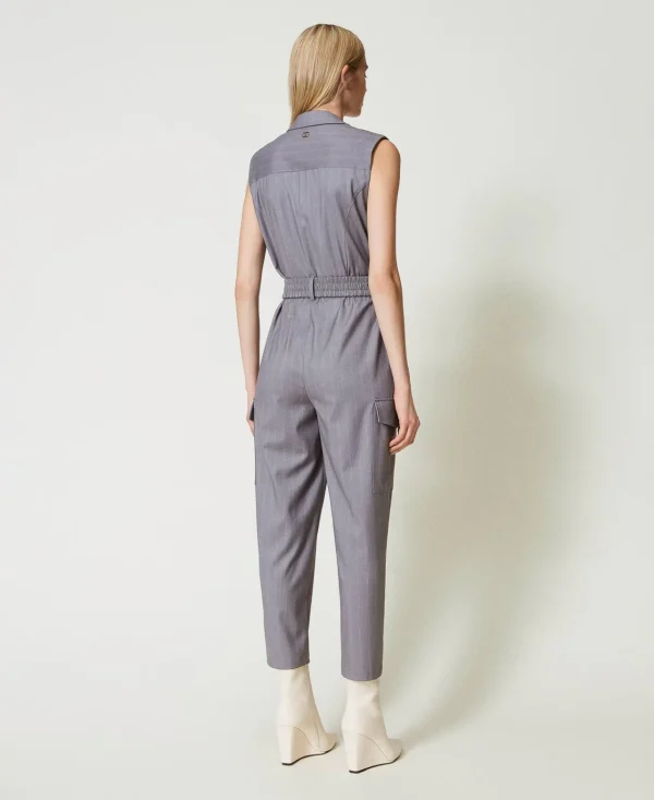 combinaison_raye_avec_cei_4.webp Combinaisons | Robes Longues*TWINSET Milano Combinaison Rayée Avec Ceinture Gris Chiné Rayure Neige