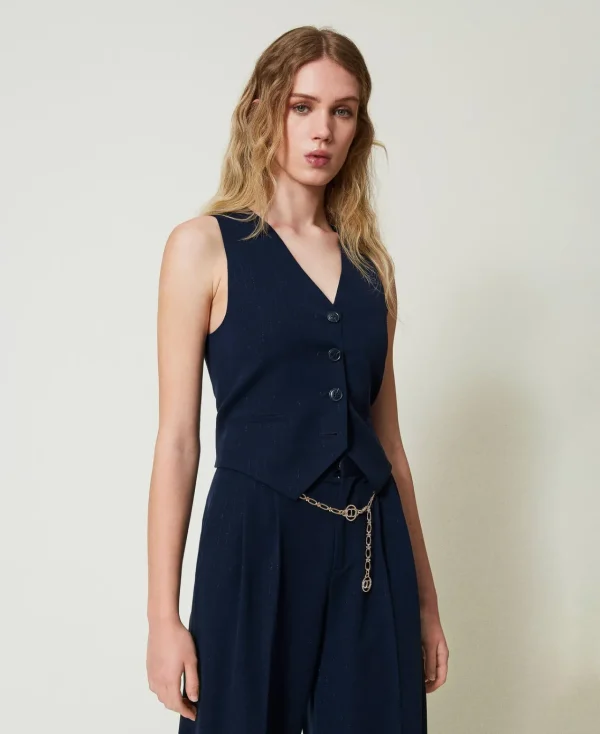 Blousons Et Doudounes | Blazers*TWINSET Milano Gilet Ajusté Rayé Avec Lurex Indigo Rayure Lurex
