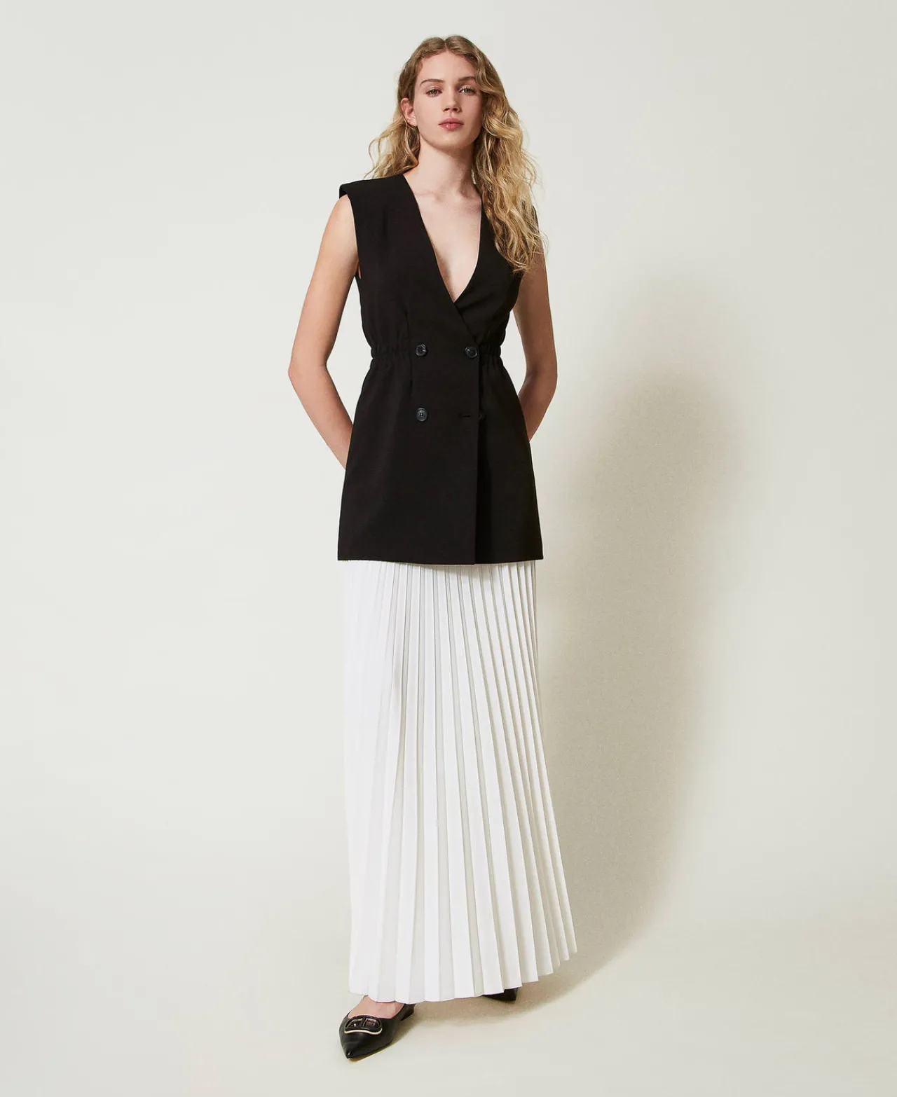 Robes Longues*TWINSET Milano Gilet En Crêpe Et Jupe Longue Plissée Bicolore Noir / Blanc Neige
