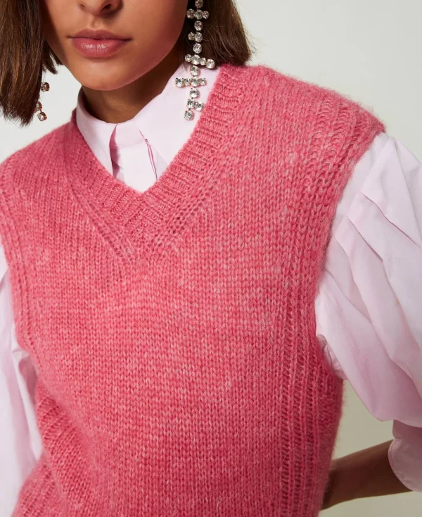 gilet_en_laine_mlange_san_0.webp Pulls Et Cardigans*TWINSET Milano Gilet En Laine Mélangée Sans Coutures Rose Cristal