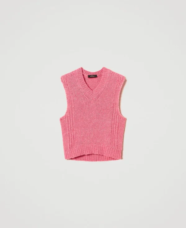 gilet_en_laine_mlange_san_1.webp Pulls Et Cardigans*TWINSET Milano Gilet En Laine Mélangée Sans Coutures Rose Cristal