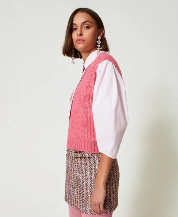 gilet_en_laine_mlange_san_3.webp Pulls Et Cardigans*TWINSET Milano Gilet En Laine Mélangée Sans Coutures Rose Cristal