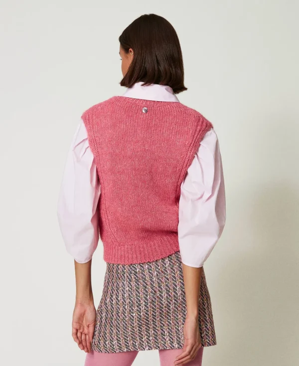 gilet_en_laine_mlange_san_4.webp Pulls Et Cardigans*TWINSET Milano Gilet En Laine Mélangée Sans Coutures Rose Cristal