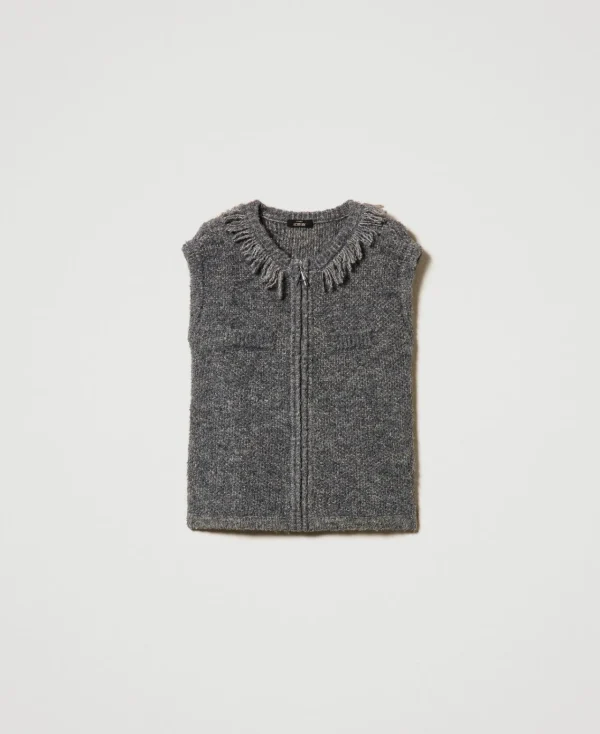 Blousons Et Doudounes*TWINSET Milano Gilet En Maille Bouclée Recyclée Gris Moyen Chiné/Lurex Clair Or