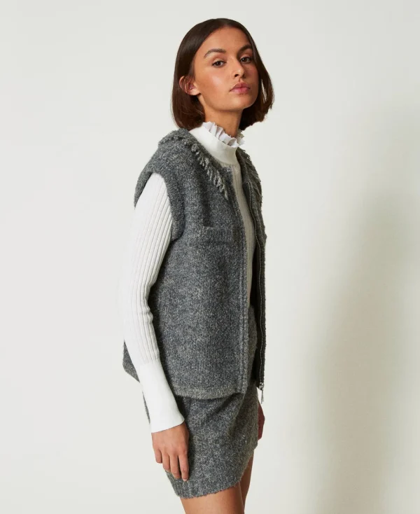 Blousons Et Doudounes*TWINSET Milano Gilet En Maille Bouclée Recyclée Gris Moyen Chiné/Lurex Clair Or