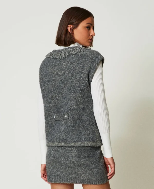 Blousons Et Doudounes*TWINSET Milano Gilet En Maille Bouclée Recyclée Gris Moyen Chiné/Lurex Clair Or