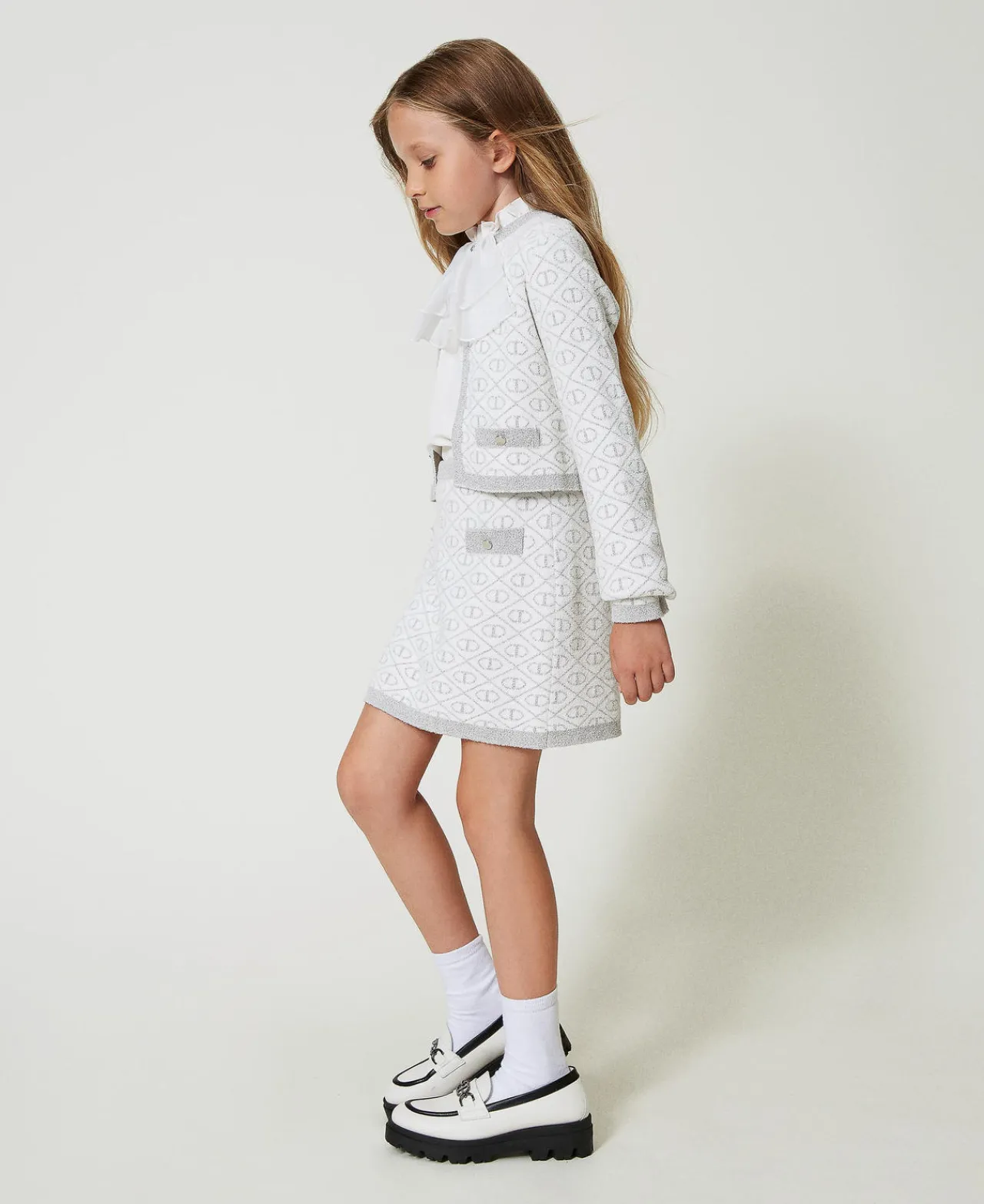 Jupes*TWINSET Milano Jupe Courte En Maille Jacquard Avec Oval T Bicolore Blanc Cassé/Argent Métallisé