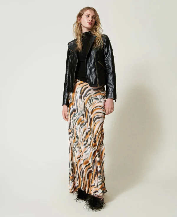 jupe_longue_en_satin_anim_0.webp Jupes*TWINSET Milano Jupe Longue En Satin Animalier Imprimé Tigre Orange « Tanné »/Noir