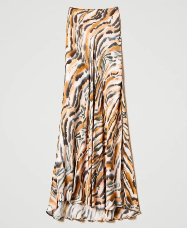 jupe_longue_en_satin_anim_1.webp Jupes*TWINSET Milano Jupe Longue En Satin Animalier Imprimé Tigre Orange « Tanné »/Noir
