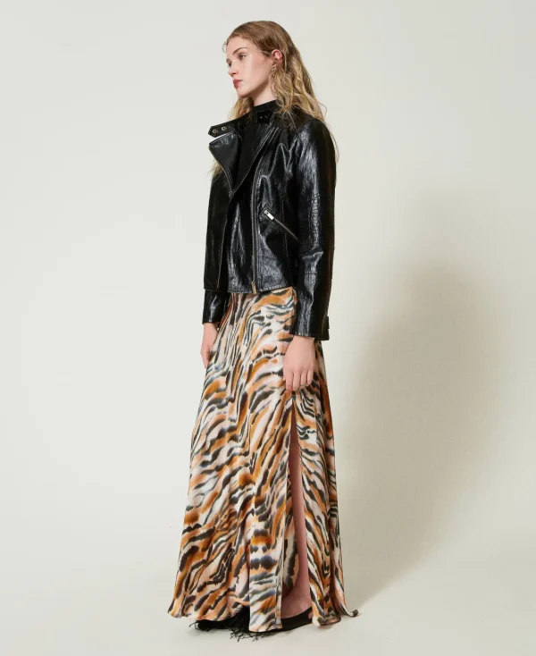 jupe_longue_en_satin_anim_2.webp Jupes*TWINSET Milano Jupe Longue En Satin Animalier Imprimé Tigre Orange « Tanné »/Noir