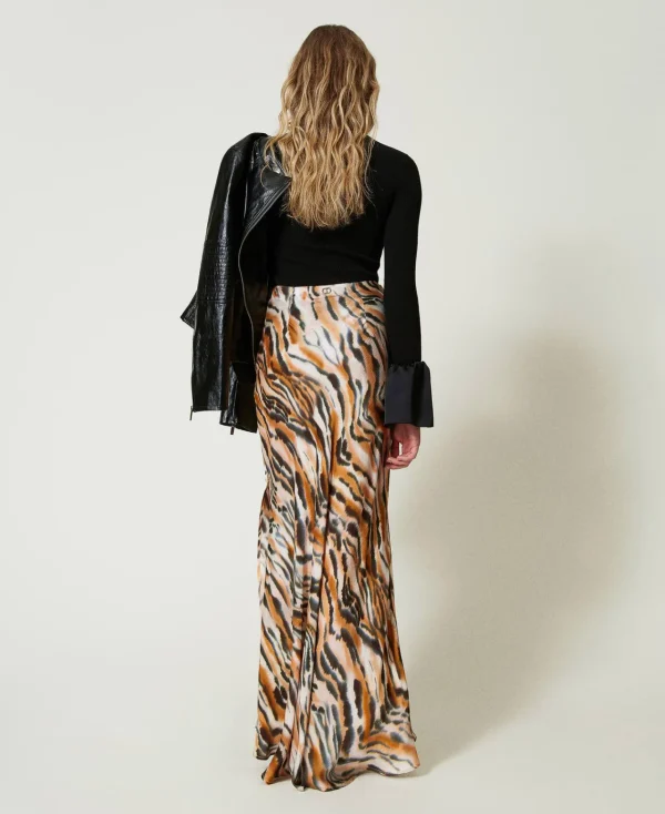 jupe_longue_en_satin_anim_3.webp Jupes*TWINSET Milano Jupe Longue En Satin Animalier Imprimé Tigre Orange « Tanné »/Noir