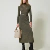 Jupes*TWINSET Milano Jupe Mi-longue En Maille Avec Lurex Bicolore Taupe Foncé/Or