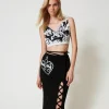 Jupes*TWINSET Milano Jupe Mi-longue Jacquard En Fil Treeblend Incrustation Noir/Blanc Neige