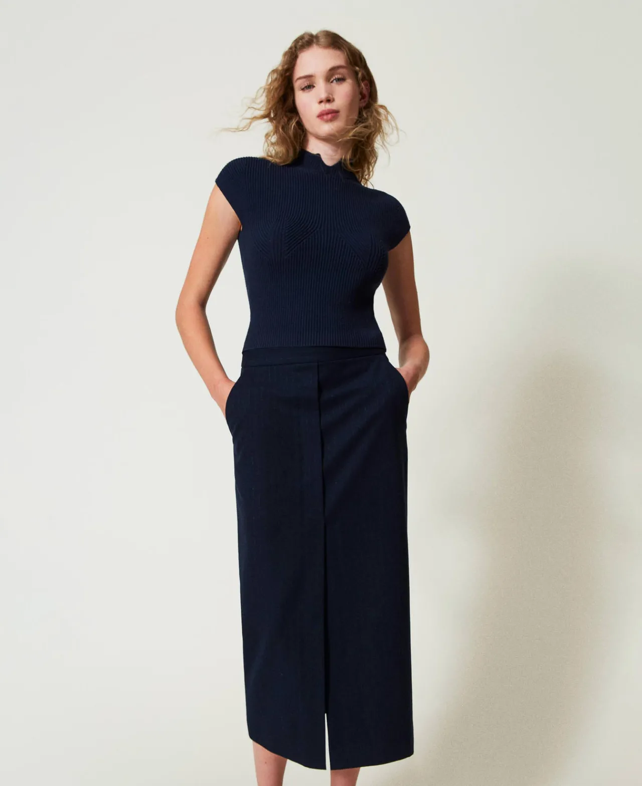 Jupes*TWINSET Milano Jupe Mi-longue Rayée Avec Lurex Indigo Rayure Lurex
