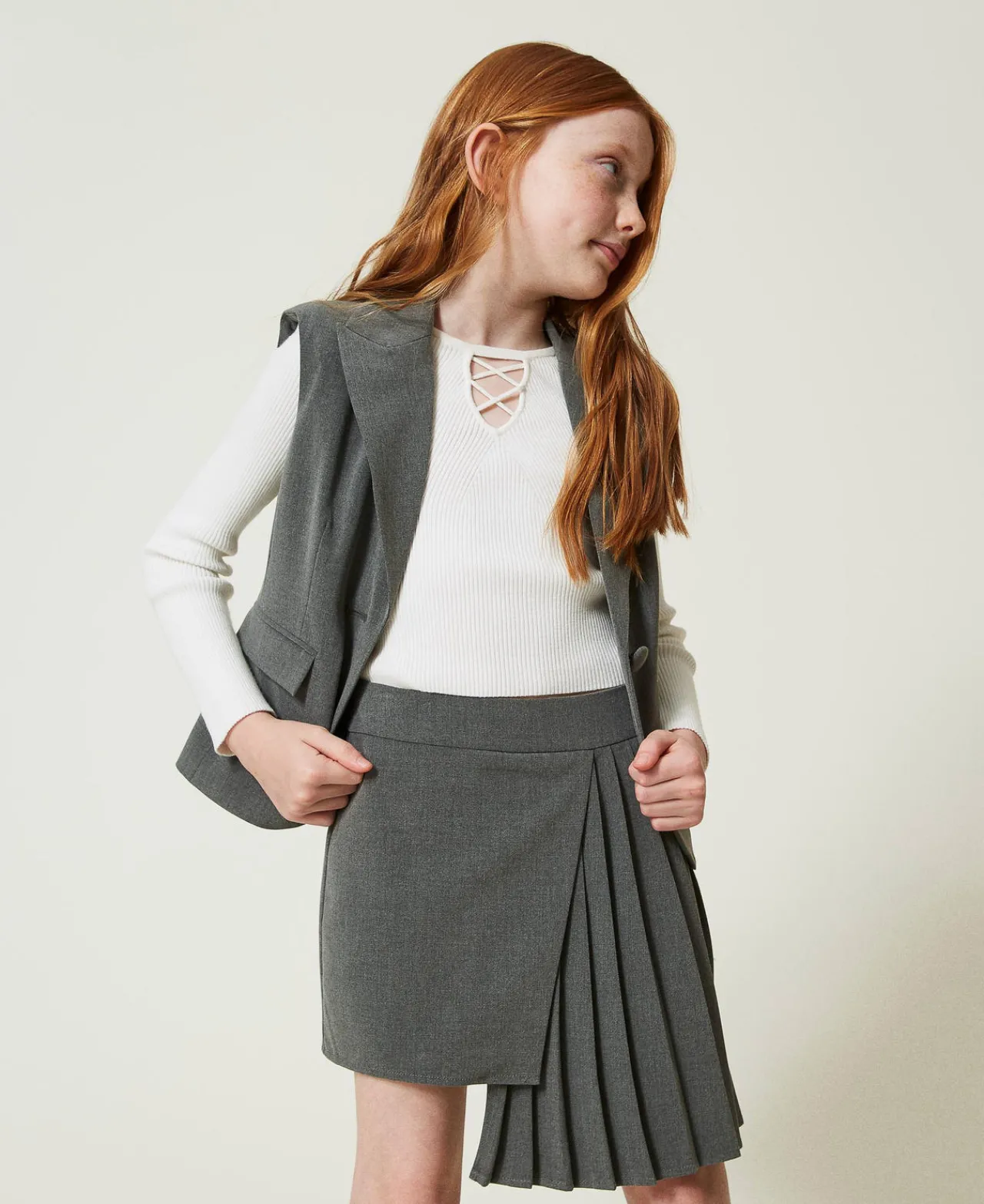 Jupes*TWINSET Milano Jupe Plissée En Flanelle Gris Moyen Mélangé