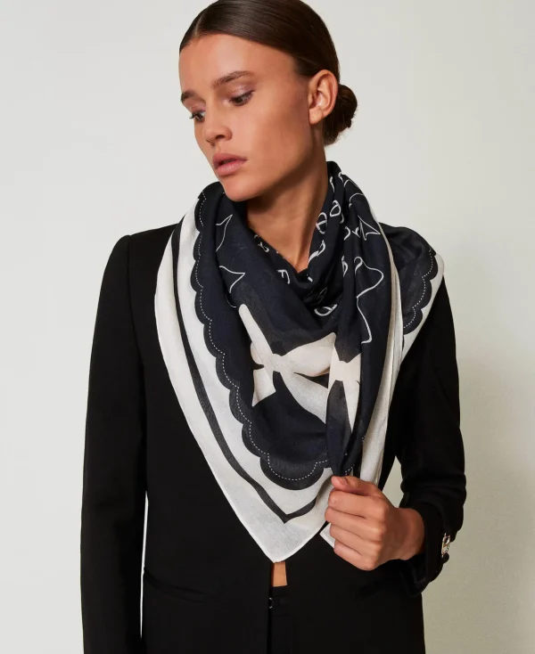 Écharpes*TWINSET Milano Keffieh Avec Imprimé Nœuds Et Logo Imprimé Nœuds Noir/Blanc « White Cream »