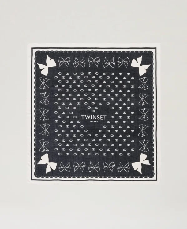 Écharpes*TWINSET Milano Keffieh Avec Imprimé Nœuds Et Logo Imprimé Nœuds Noir/Blanc « White Cream »