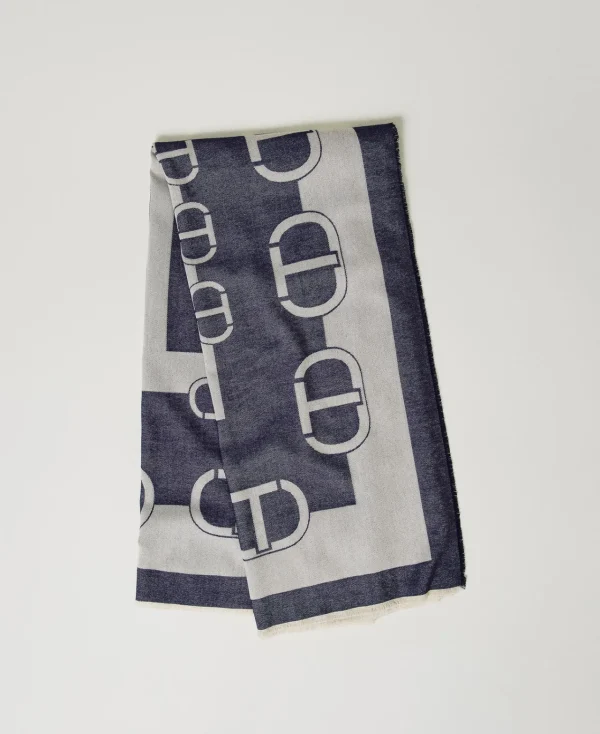 keffieh_jacquard_avec_log_0.webp Écharpes*TWINSET Milano Keffieh Jacquard Avec Logo Bicolore Blanc « White Cream »/Bleu Classique