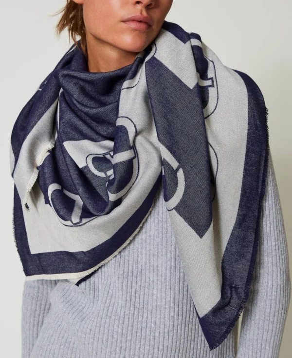 keffieh_jacquard_avec_log_1.webp Écharpes*TWINSET Milano Keffieh Jacquard Avec Logo Bicolore Blanc « White Cream »/Bleu Classique