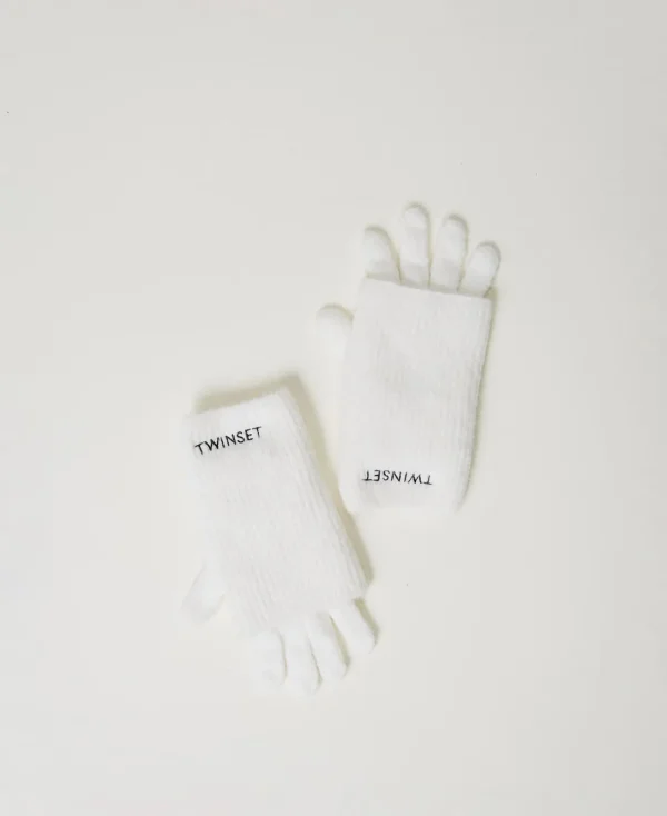 Accessoires*TWINSET Milano Lot De Gants En Maille Avec Broderie Siglée Off White