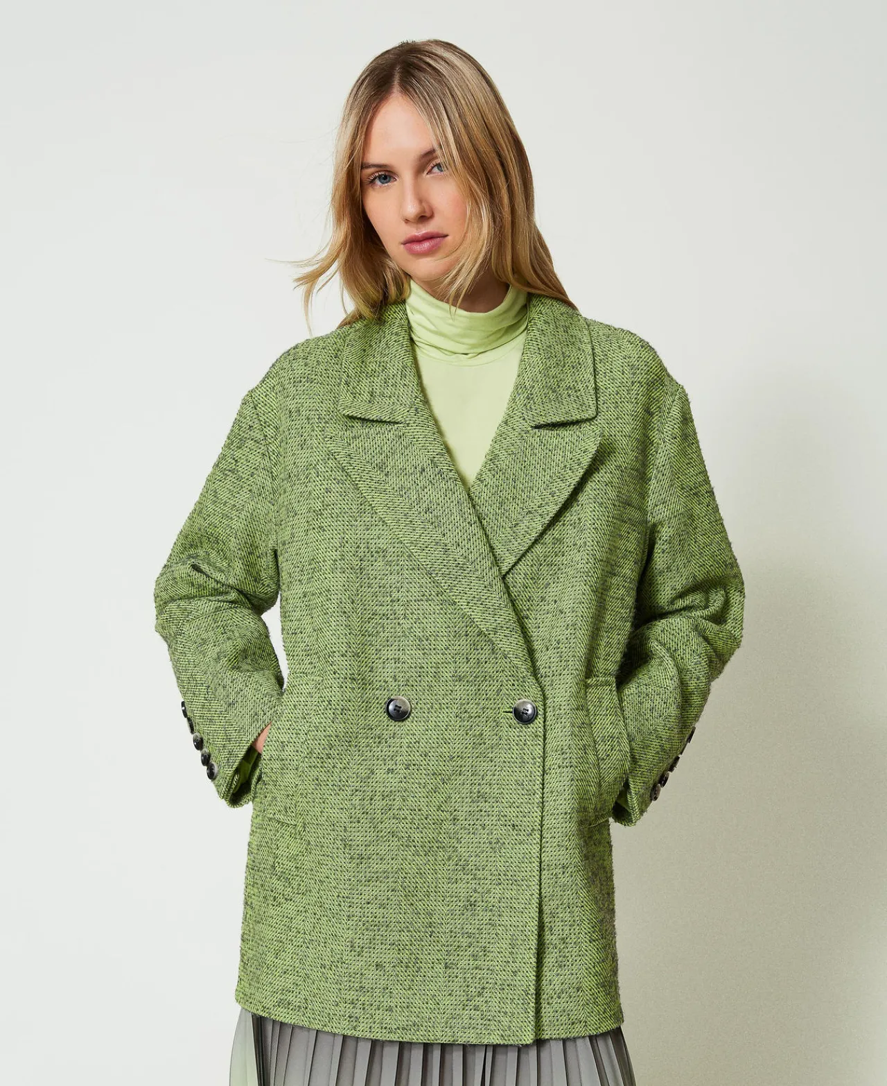 Manteaux Et Trenchs*TWINSET Milano Manteau Court à Chevrons Bicolores Bicolore Vert « Soft Lime »/Gris Chiné Moyen
