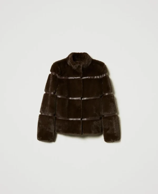 Manteaux Et Trenchs*TWINSET Milano Manteau Court En Fausse Fourrure Avec Incrustations Coffee Chocolate