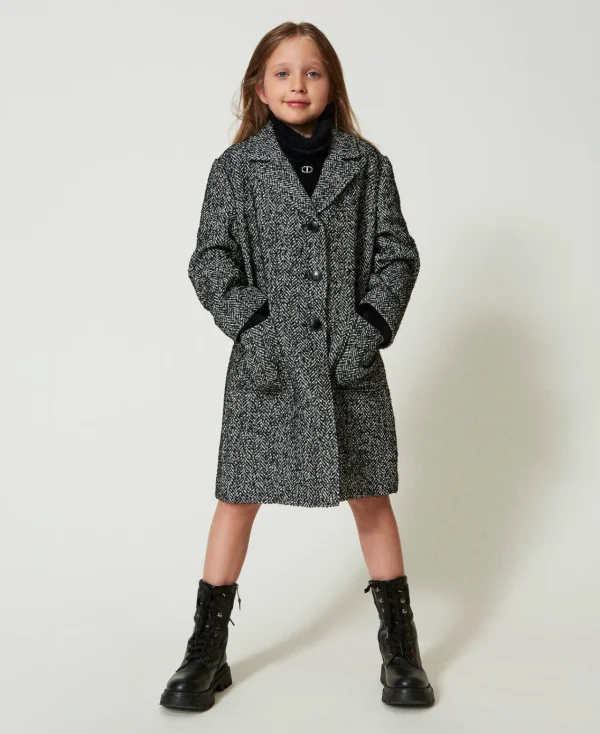 manteau_en_drap__chevrons_0.webp Blousons Et Manteaux*TWINSET Milano Manteau En Drap à Chevrons Jacquard Chevron