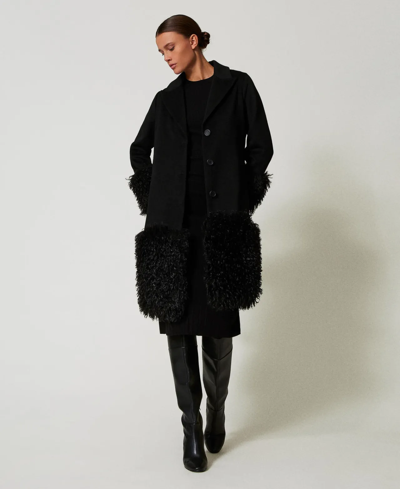 Manteaux Et Trenchs*TWINSET Milano Manteau En Drap De Laine Mélangée Et Fausse Fourrure Noir