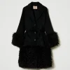 Manteaux Et Trenchs*TWINSET Milano Manteau En Drap De Laine Mélangée Et Fausse Fourrure Noir