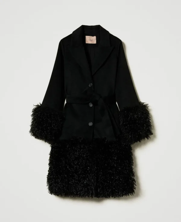 Manteaux Et Trenchs*TWINSET Milano Manteau En Drap De Laine Mélangée Et Fausse Fourrure Noir