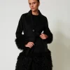 Manteaux Et Trenchs*TWINSET Milano Manteau En Drap De Laine Mélangée Et Fausse Fourrure Noir