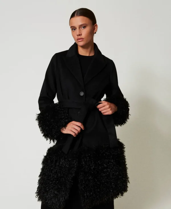 Manteaux Et Trenchs*TWINSET Milano Manteau En Drap De Laine Mélangée Et Fausse Fourrure Noir