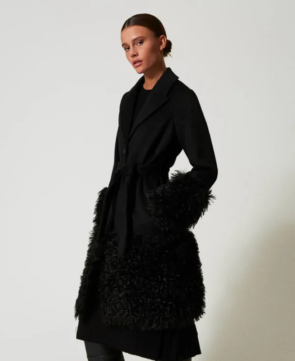 Manteaux Et Trenchs*TWINSET Milano Manteau En Drap De Laine Mélangée Et Fausse Fourrure Noir