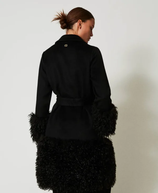 Manteaux Et Trenchs*TWINSET Milano Manteau En Drap De Laine Mélangée Et Fausse Fourrure Noir
