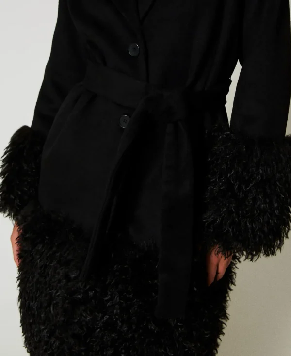 Manteaux Et Trenchs*TWINSET Milano Manteau En Drap De Laine Mélangée Et Fausse Fourrure Noir