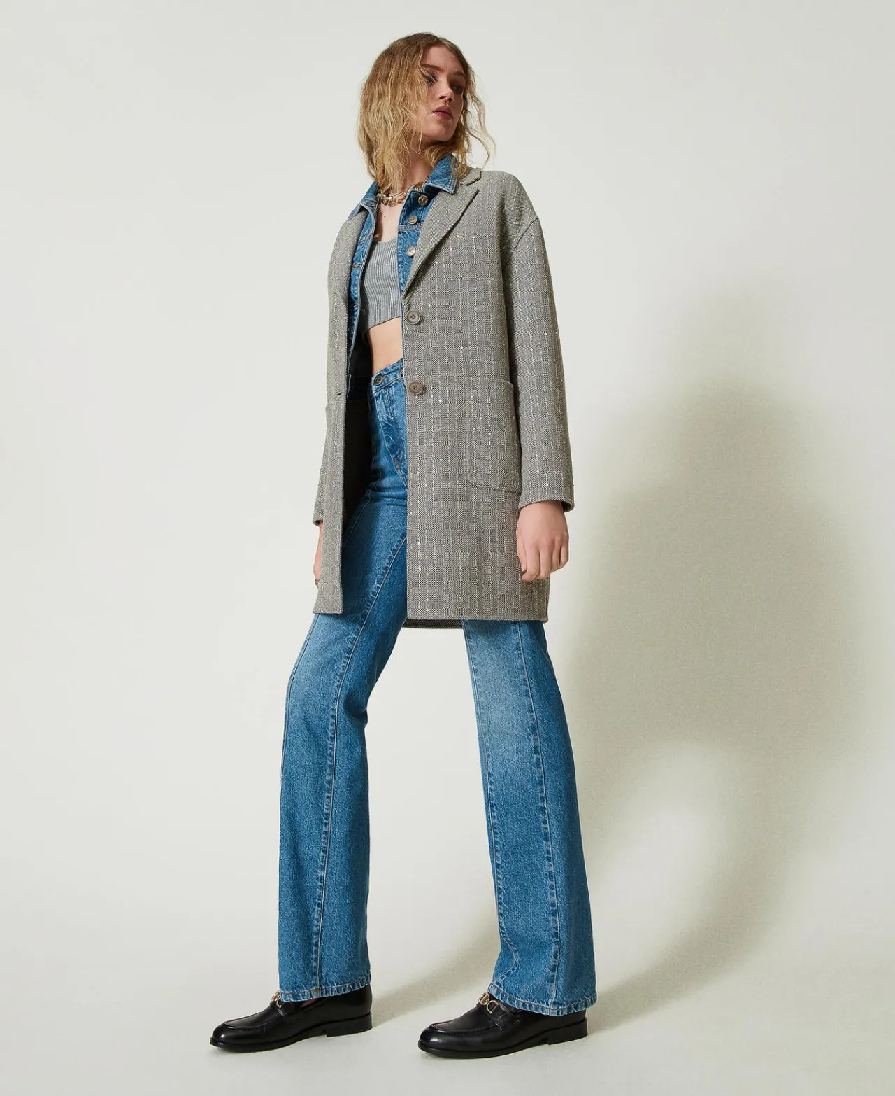 Manteaux Et Trenchs*TWINSET Milano Manteau En Drap Double Avec Sequins Double Rayure Gris Chiné
