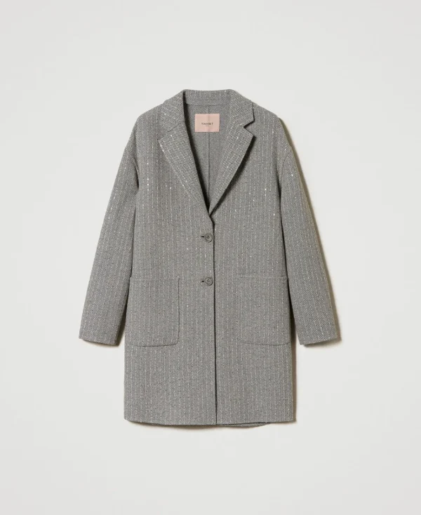 Manteaux Et Trenchs*TWINSET Milano Manteau En Drap Double Avec Sequins Double Rayure Gris Chiné