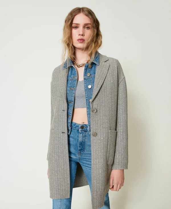 Manteaux Et Trenchs*TWINSET Milano Manteau En Drap Double Avec Sequins Double Rayure Gris Chiné