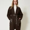 Manteaux Et Trenchs*TWINSET Milano Manteau En Laine Mélangée Avec Poches Effet Cuir Chocolat