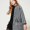 Blousons Et Manteaux*TWINSET Milano Manteau En Maille Jacquard Pied-de-poule Bicolore Noir / Blanc Cassé