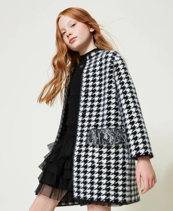 Blousons Et Manteaux*TWINSET Milano Manteau En Maille Jacquard Pied-de-poule Bicolore Noir / Blanc Cassé