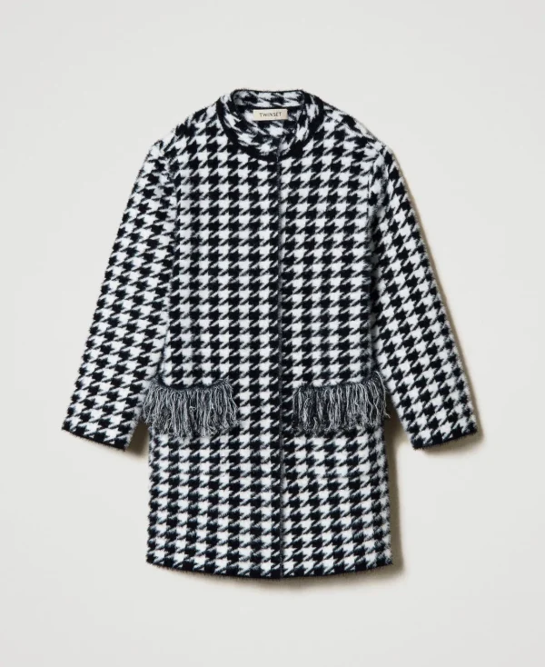 Blousons Et Manteaux*TWINSET Milano Manteau En Maille Jacquard Pied-de-poule Bicolore Noir / Blanc Cassé