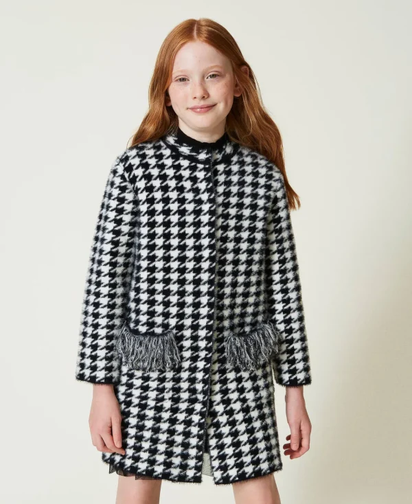 Blousons Et Manteaux*TWINSET Milano Manteau En Maille Jacquard Pied-de-poule Bicolore Noir / Blanc Cassé