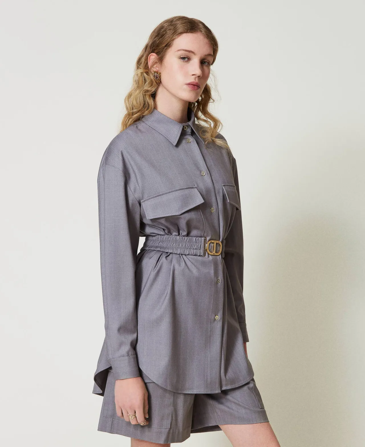Blouses Et Chemises*TWINSET Milano Maxi Chemise Rayée Avec Ceinture Gris Chiné Rayure Neige