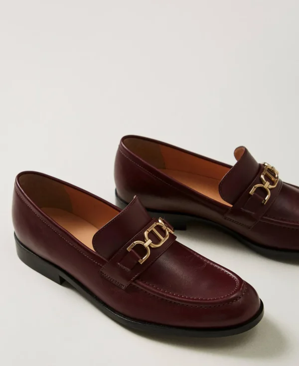 Ballerines Et Mocassins | Chaussures Plates*TWINSET Milano Mocassins En Cuir Avec Barrette Oval T Bordeaux