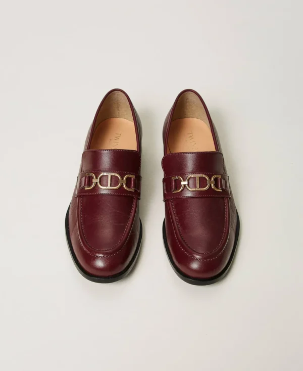 Ballerines Et Mocassins | Chaussures Plates*TWINSET Milano Mocassins En Cuir Avec Barrette Oval T Bordeaux