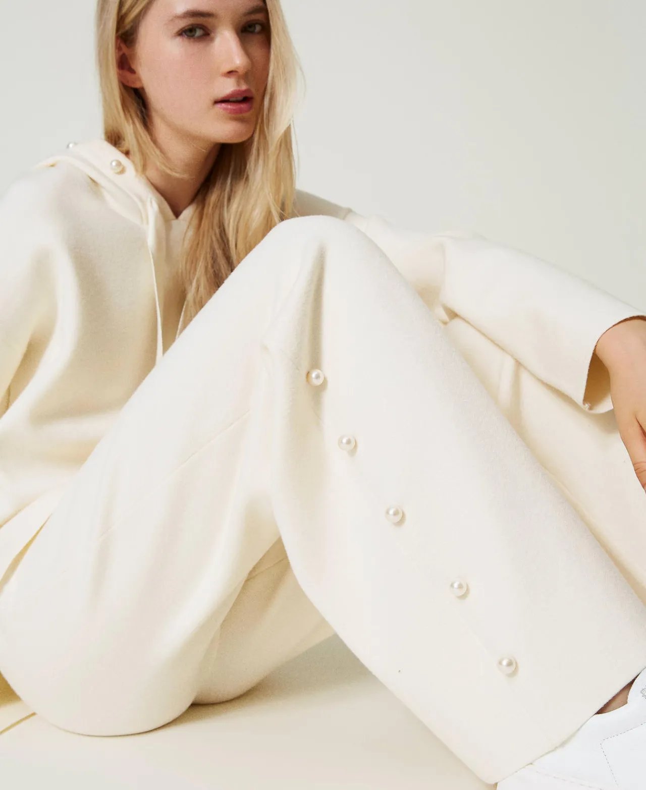 Pantalons Larges Et Palazzo*TWINSET Milano Pantalon Ample En Maille Avec Perles Blanc Antique White