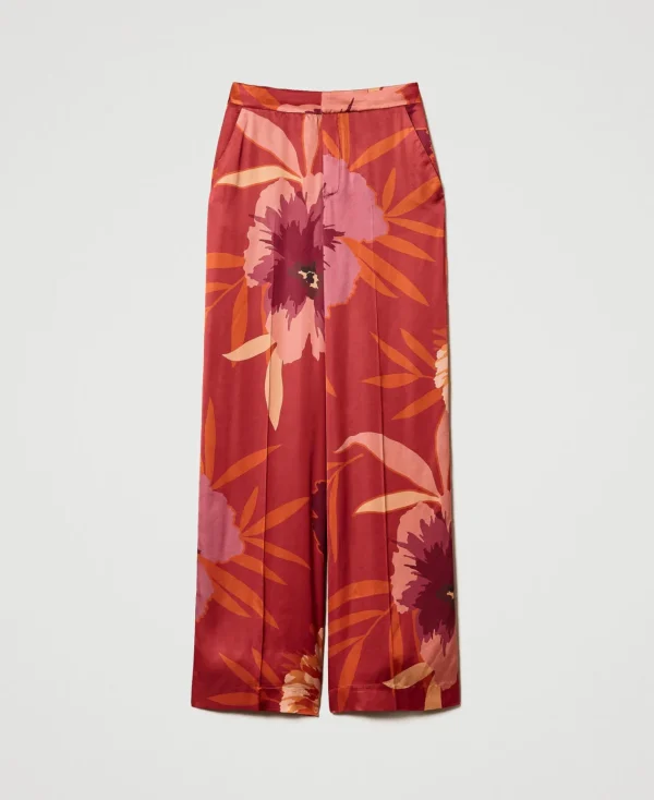 pantalon_ample_en_satin_f_1.webp Pantalons Larges Et Palazzo*TWINSET Milano Pantalon Ample En Satin Floral Grandes Fleurs Rouge/Red Plum
