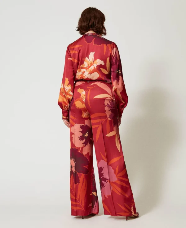 pantalon_ample_en_satin_f_3.webp Pantalons Larges Et Palazzo*TWINSET Milano Pantalon Ample En Satin Floral Grandes Fleurs Rouge/Red Plum